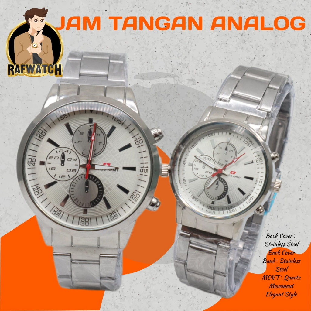 Jam Tangan Pasangan Pria Wanita Analog Casual Rantai Stainless Silver HItam RPA4