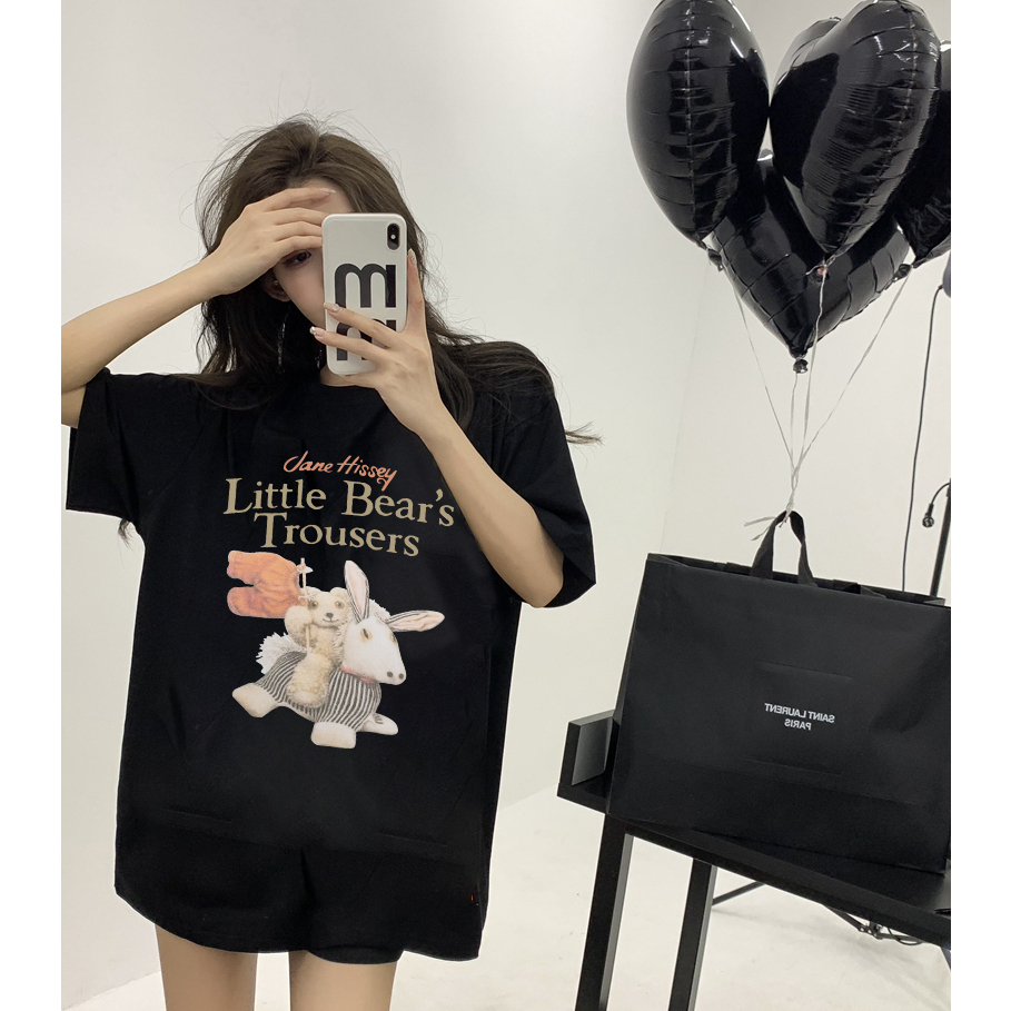 kaos hitam oversize wanita/korean style cartoon letter graffiti kaos basic import lengan pendek baju kaos