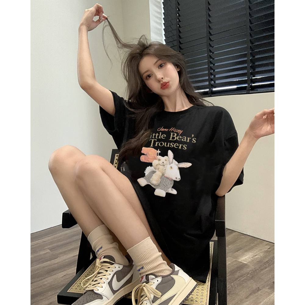 kaos hitam oversize wanita/korean style cartoon letter graffiti kaos basic import lengan pendek baju kaos