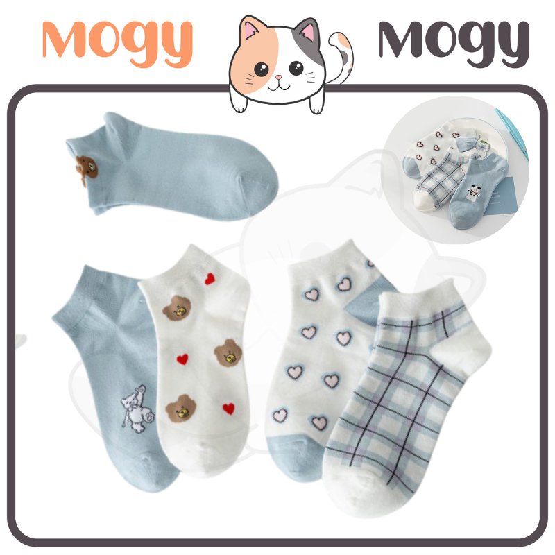 MOGYMOGY KS40 Kaos Kaki Motif Kaos Kaki Semata Kaki Kaos Kaki Beruang Kecil Biru Kaos Kaki Ankle Women Socks