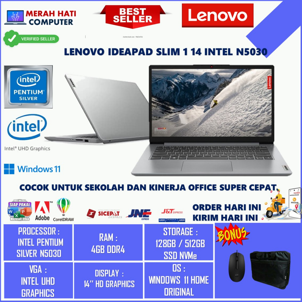 LAPTOP MURAH LENOVO IDEAPAD SLIM 1 14 INTEL PENTIUM SILVER N5030 4GB 256GB HD WIN11HOME + OFFICE 365 CLOUD GREY Original Terlaris