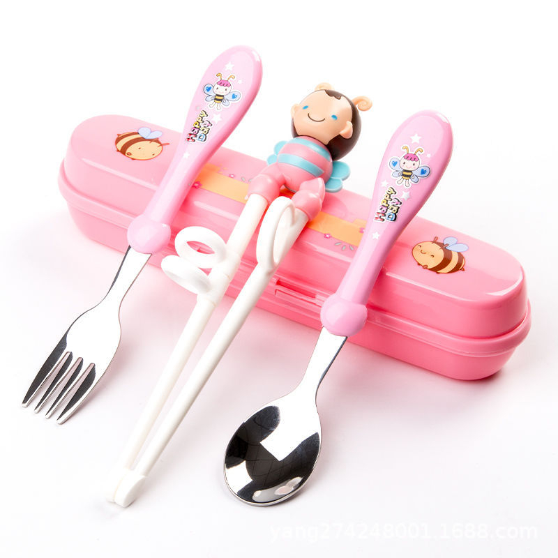 Set Alat Makan Stainless 4 in 1/ Set sendok Garpu Sumpit Anak Free Tempat /Sendok Sumpit  Latihan Anak / Training Chopstick / Sumpit Anak Lucu / Sumpit Latihan Anak