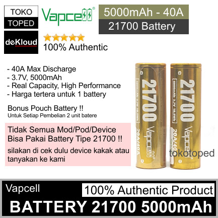 Authentic VAPCELL 5000mAh 21700 Battery | batre baterai batere 5000 40A cas rechargeable