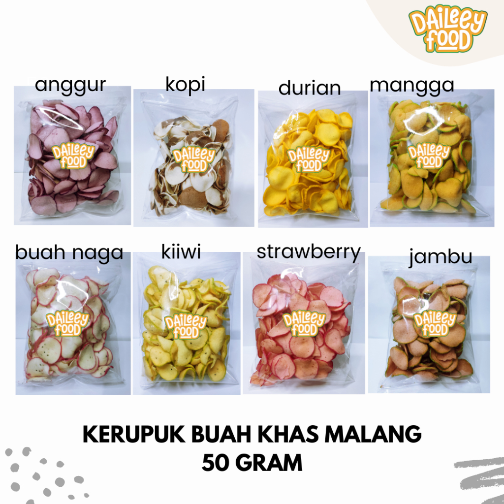 

Krupuk Buah Durian Anggur Strawberry Jambu Kiwi Mangga Buah Naga 50 dan100 Gram Oleh-Oleh Khas Malang