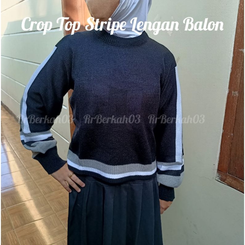 CROP STRIPE Lengan Balon Rajut Premium