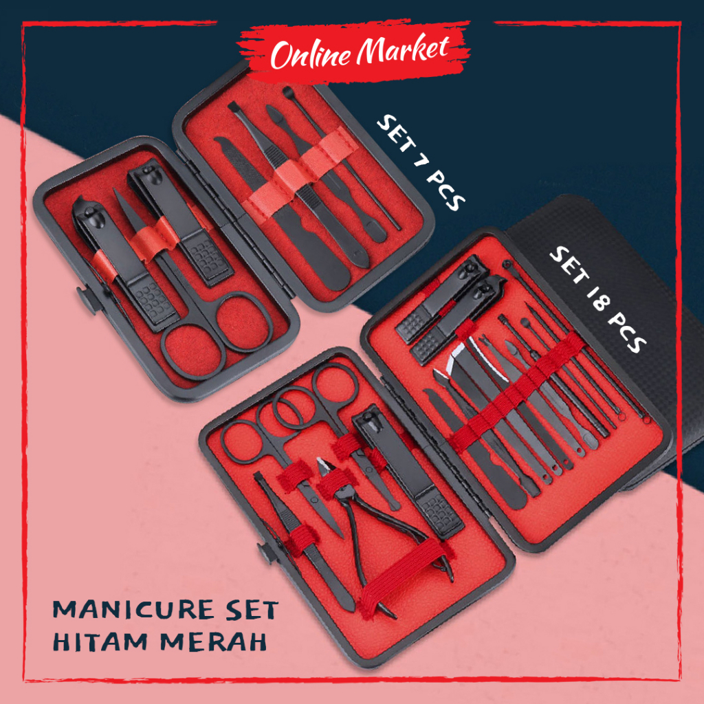 Manicure &amp; Pedicure Set Merah Hitam 7pcs - 18pcs | Set Gunting Kuku