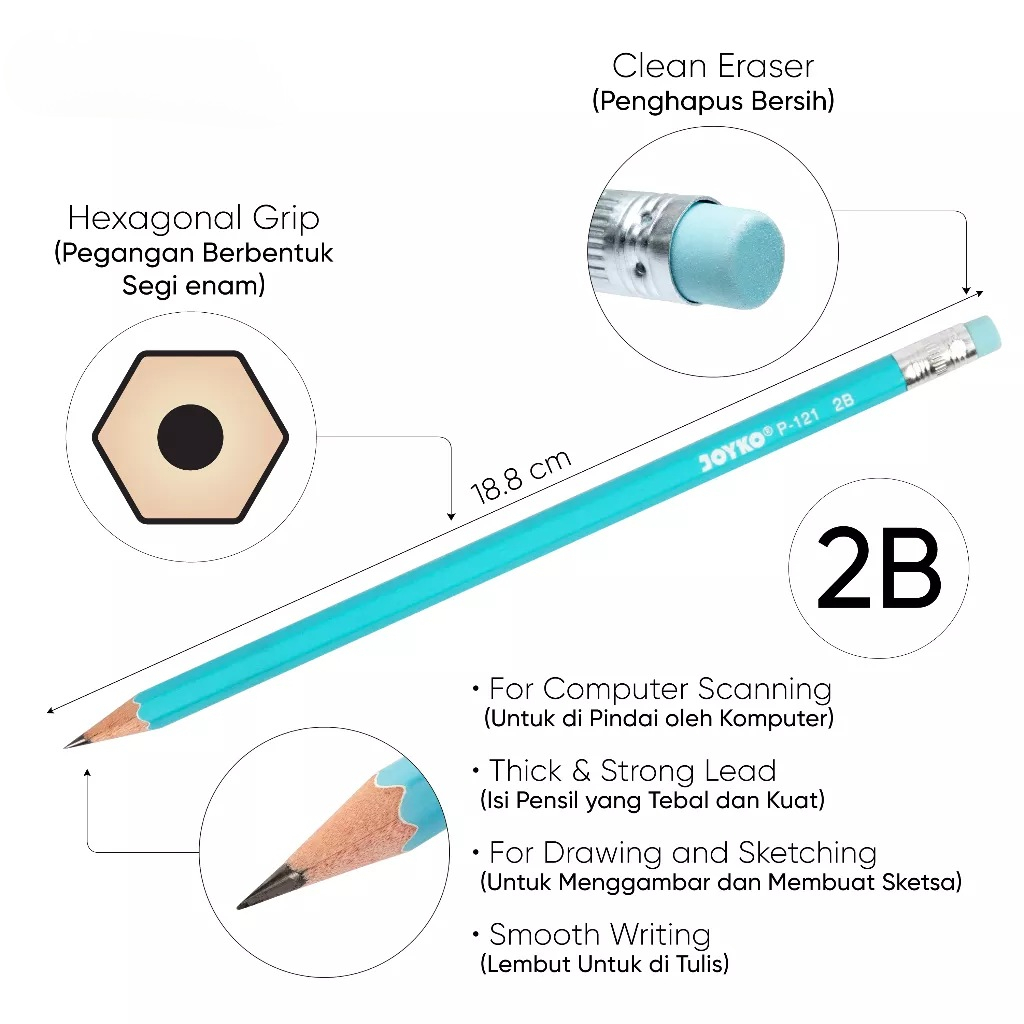 12 Buah (1 lusin) Pensil Pinsil dan Penghapus Tulis seri 2B Joyko Multiwarna
