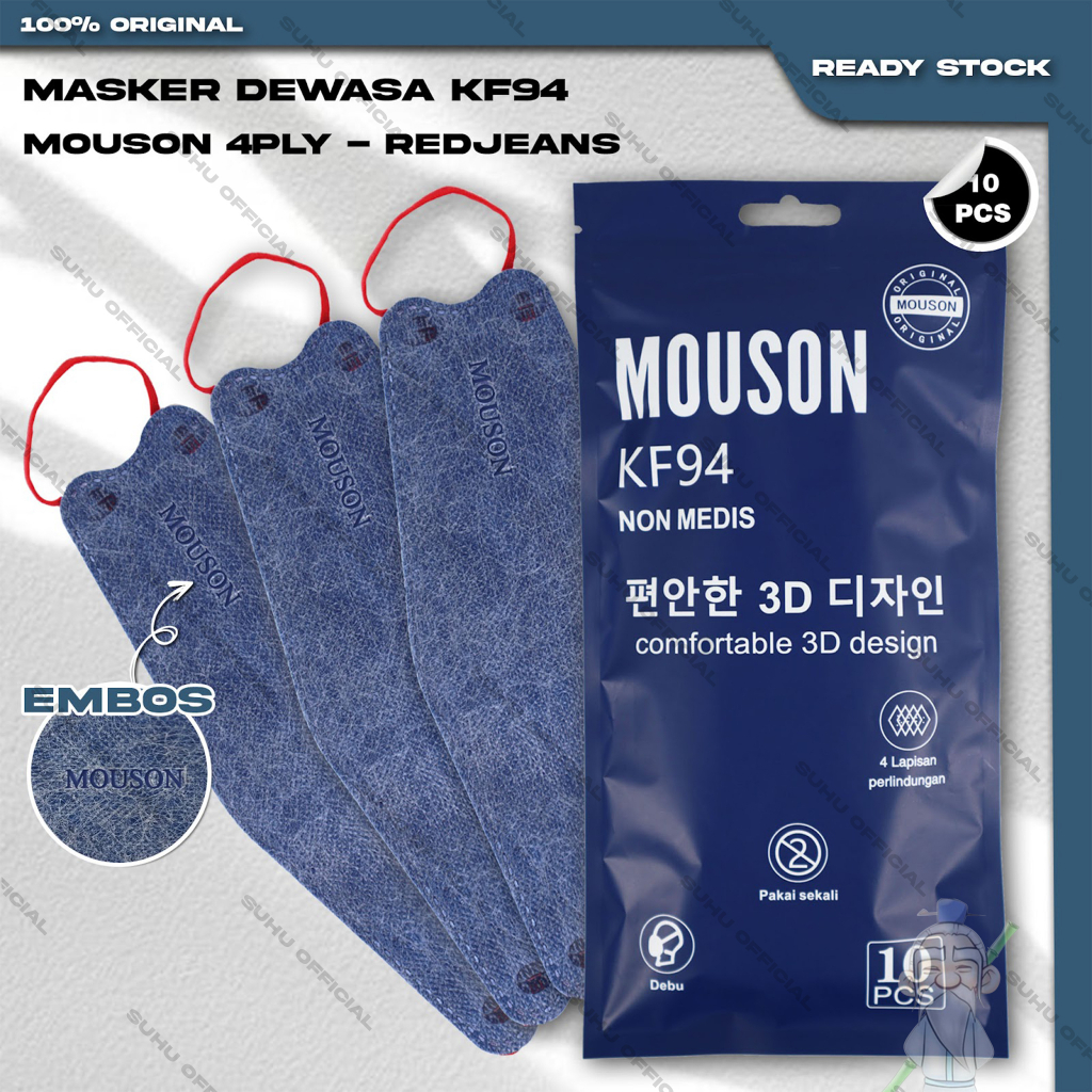 Masker KF94 MOUSON 4Ply Isi 10Pcs Red Jeans Soft KF 94 4 Ply Earloop Surgical Mask