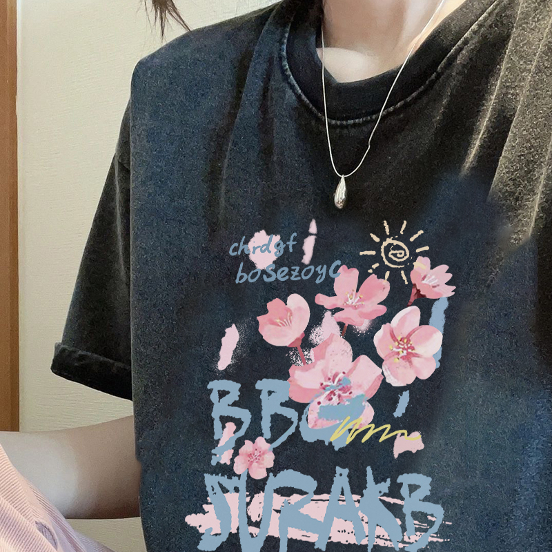 Print Washed T-shirt Kaos Lengan Pendek Oversize Cartoon Cherry Blossoms Korean Style Atasan Wanita