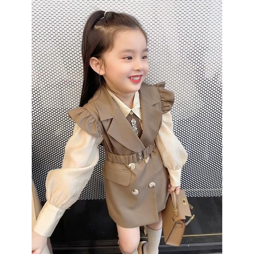 Dress Anak Perempuan Motif Rompi Coklat Belt Dasi Bunga Diamond