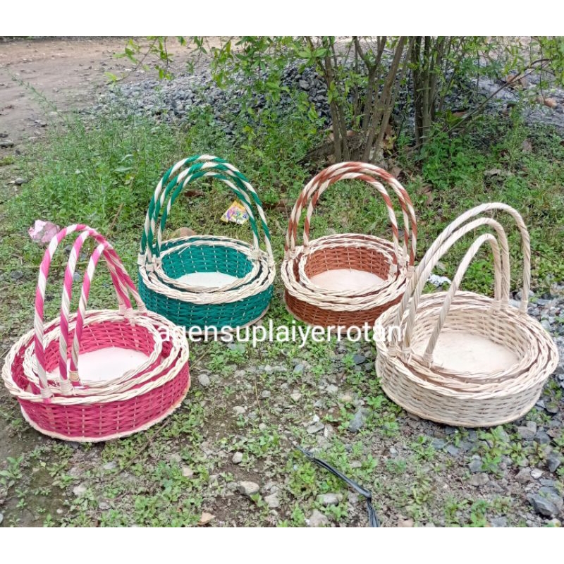 keranjang rotan bulat tangkai 1 set isi 3 pcs keranjang hantaran seserahan