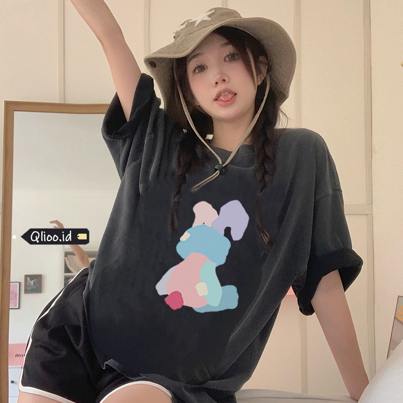 Print Washed T-shirt Kaos Lengan Pendek Oversize Cartoon Rainbow Bunny Korean Style Atasan Wanita