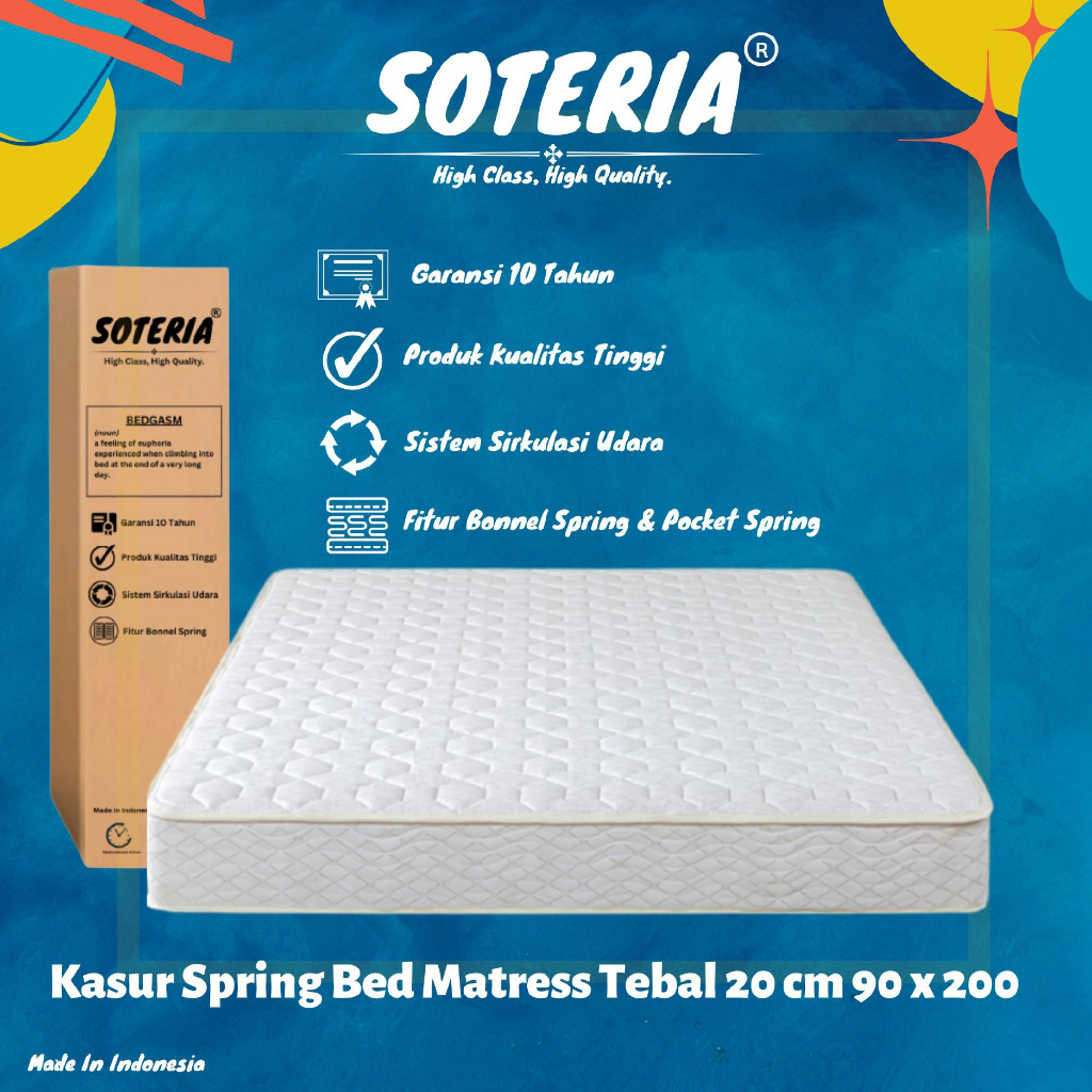 [Free Ongkir] Kasur Spring Bed Deluxe Luxury / Cover 100% Polyester / Springbed Mattress In A Box / Nyaman &amp; Mudah Digunakan / 90 x 200 Tebal 20 cm Anti Pegal Anti Nyeri / Spring Bed Bonnel Spring Premium / Garansi Resmi 10 Tahun SOTERIA