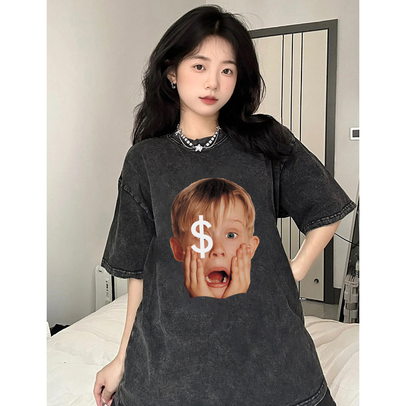 EUNII T-shirt Lengan Pendek Black Washed Vintage Dollar Boy Printing Korean Style/Kaos Atasan Wanita/Baju Wanita/Kaos Wanita