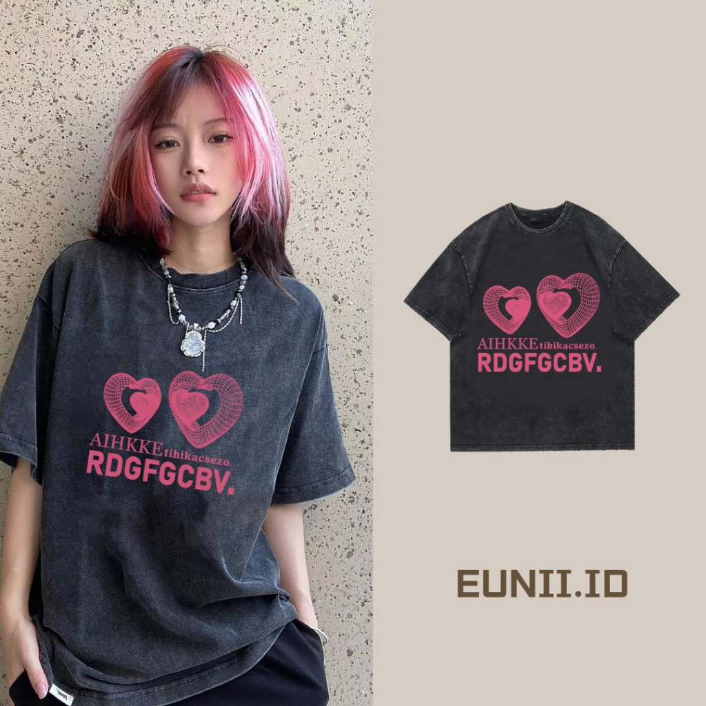 EUNII T-shirt Lengan Pendek Black Washed RDGFGCBV Pink Heart Printing Korean Style/Kaos Atasan Wanita/Baju Wanita/Kaos Wanita