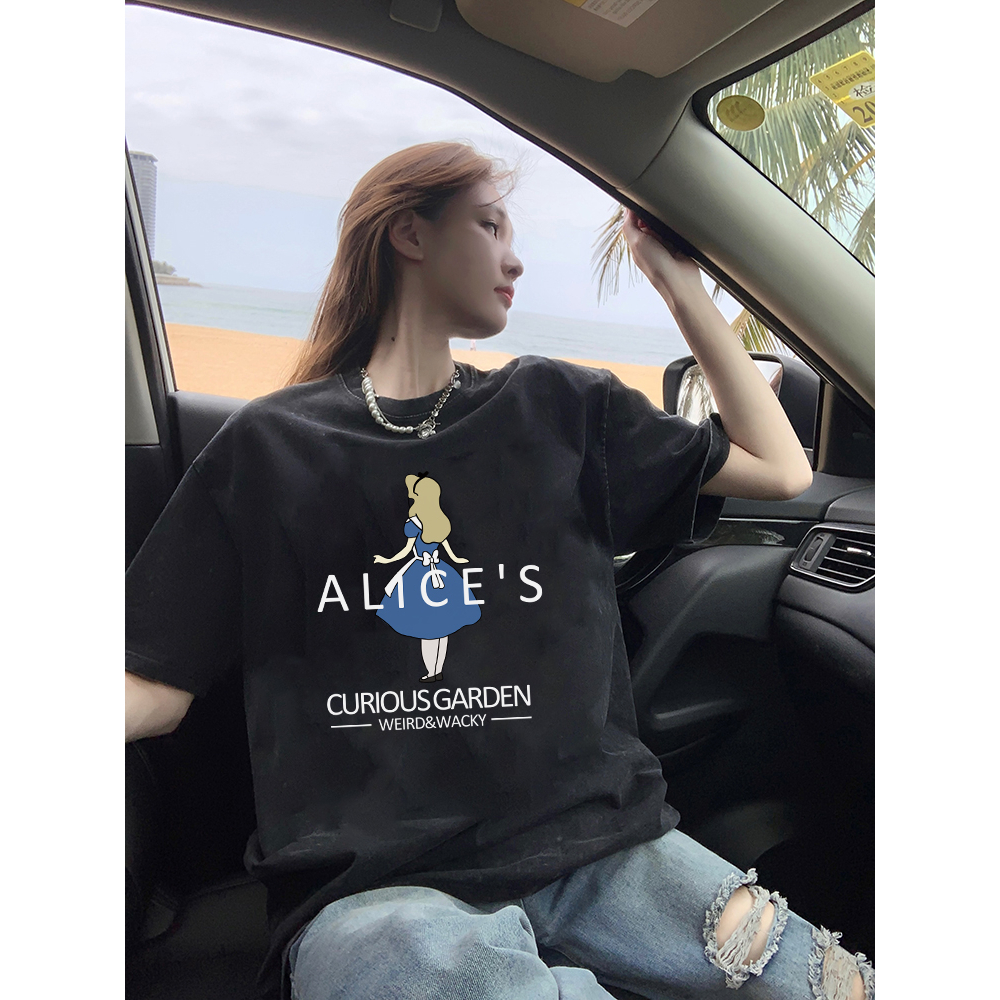 EUNII T-shirt Lengan Pendek Black Washed Cartoon Alice's Printing Korean Style/Kaos Atasan Wanita/Baju Wanita/Kaos Wanita