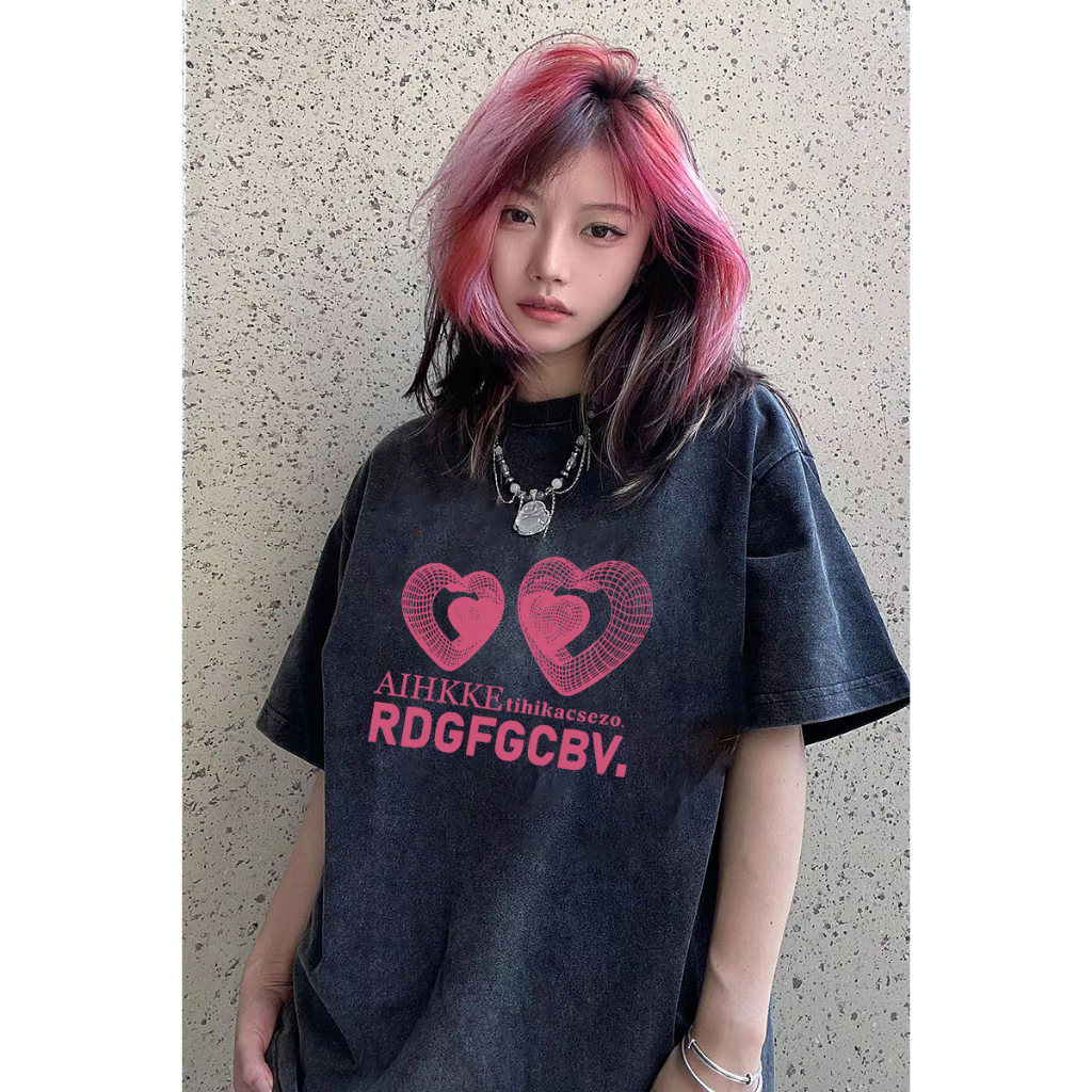 EUNII T-shirt Lengan Pendek Black Washed RDGFGCBV Pink Heart Printing Korean Style/Kaos Atasan Wanita/Baju Wanita/Kaos Wanita