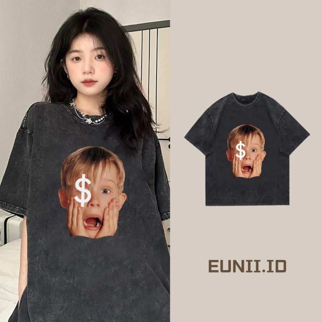 EUNII T-shirt Lengan Pendek Black Washed Vintage Dollar Boy Printing Korean Style/Kaos Atasan Wanita/Baju Wanita/Kaos Wanita