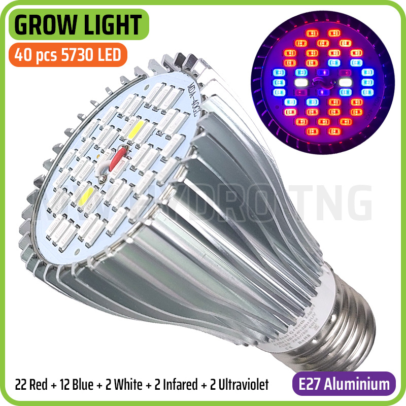 LED Plant Grow Light, E27 Aluminium Case, 40 pcs 5730 SMD LED (Red + Blue + White + Infrared + Ultraviolet) - Lampu Tumbuh Tanaman