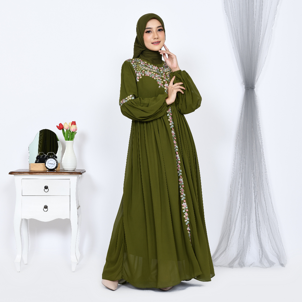 Abiyyuco TA9014 | Gamis Ceruty Babydoll Busui Terbaru Gamis Ceruti Babydol Resleting Depan dengan Bordir Cantik Mewah