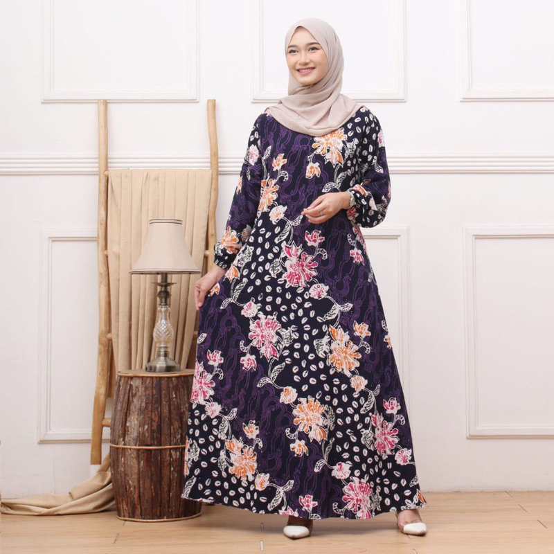 Gamis Batik Wanita Cap Malaman Bahan Rayon Super Allsize LD 110cm Baju Muslimah Premium