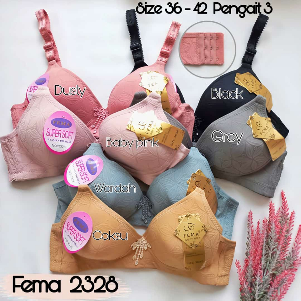 BRA BH BUSA TANPA KAWAT FEMA 2328 PENGAIT 3 MOTIF DAUN TIMBUL
