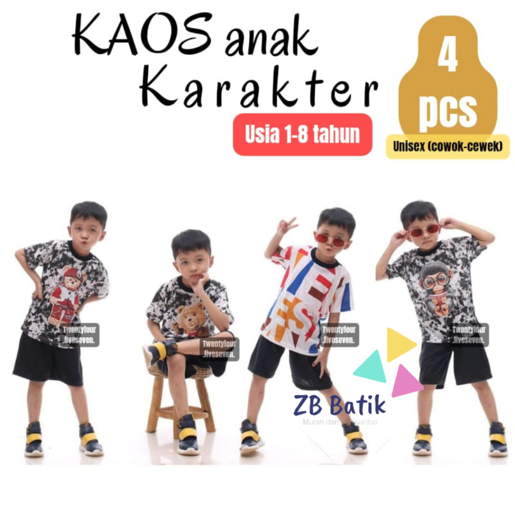 Setelan Baju Karakter Kartun Anak Laki laki dan Perempuan Usia 1-8 Tahun Murah Terbaru Kaos Teddy Bear Mc Queen Bus Truk