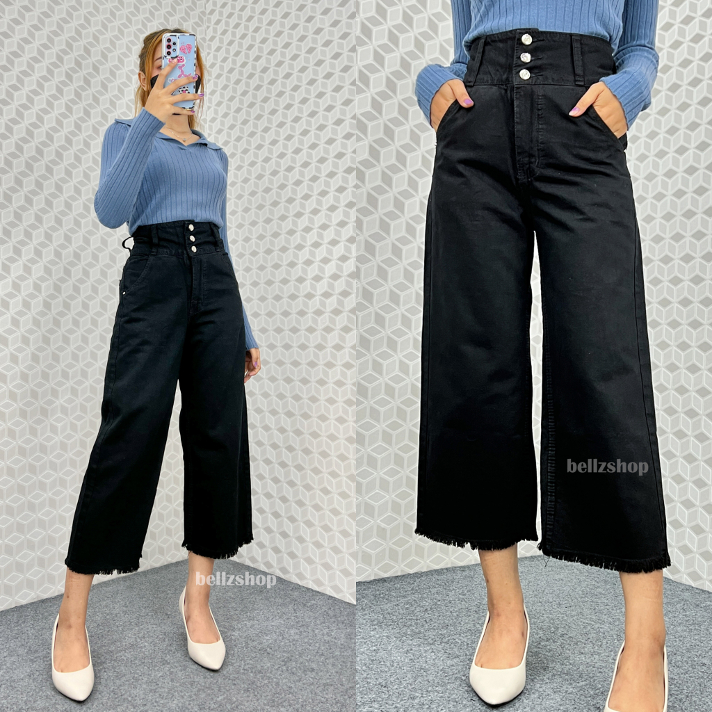 Celana Kulot Highwaist Jeans 7 9 Wanita Hitam Pekat Rawis Kancing 3 Premium Rosie