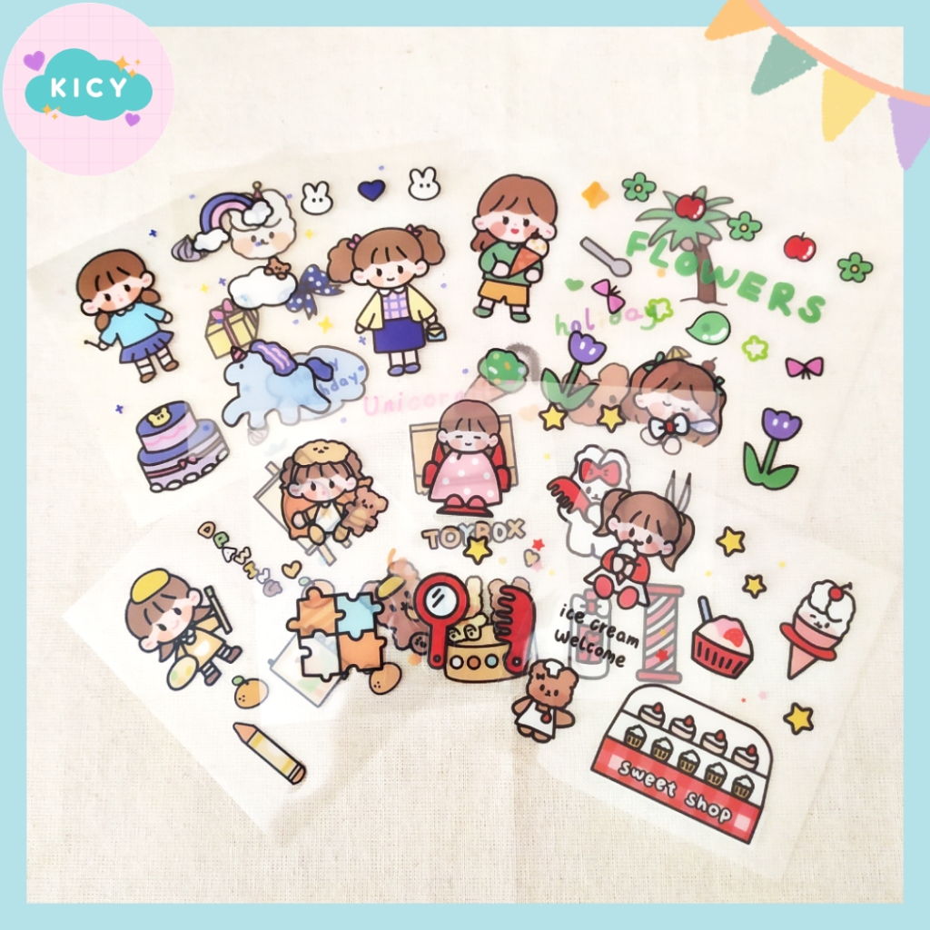 

[KICY] 1 Lembar Stiker Deco HAPPY CHIBI Stiker PET Stiker Lucu Stiker Journal Diary