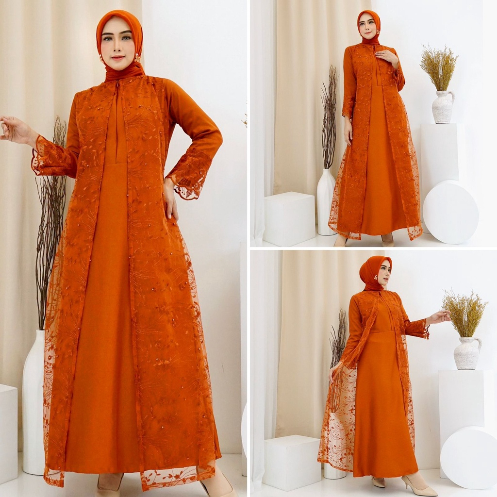 Hena Gamis Moscrepe Premium Kombinasi Brukat Tile Bordir Glitter Real Picture dengan Resleting Depan