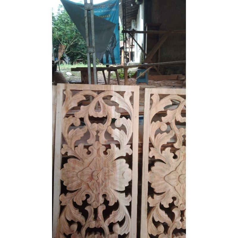 ornamen tempel ukiran kayu 65x30 dekorasi dinding hiasan pintu jendela