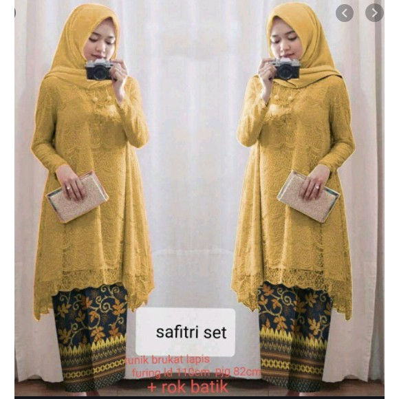 Safitri Set Kebaya Furing Anti-Terawang dengan Brukat Cord Glitter Real Picture Warna Kuning Gold Mu