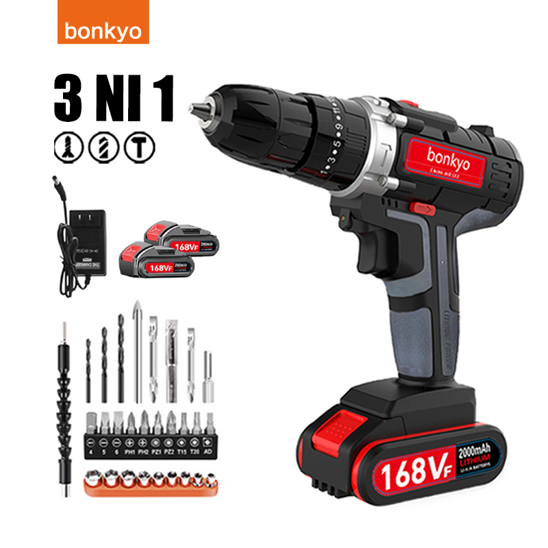 bonkyo 168VF Mesin Bor Impact Drill / Bor baterai /Bor Listrik/Beton Besi Kayu Full  Set Pilihan Bor Tanpa Kabel