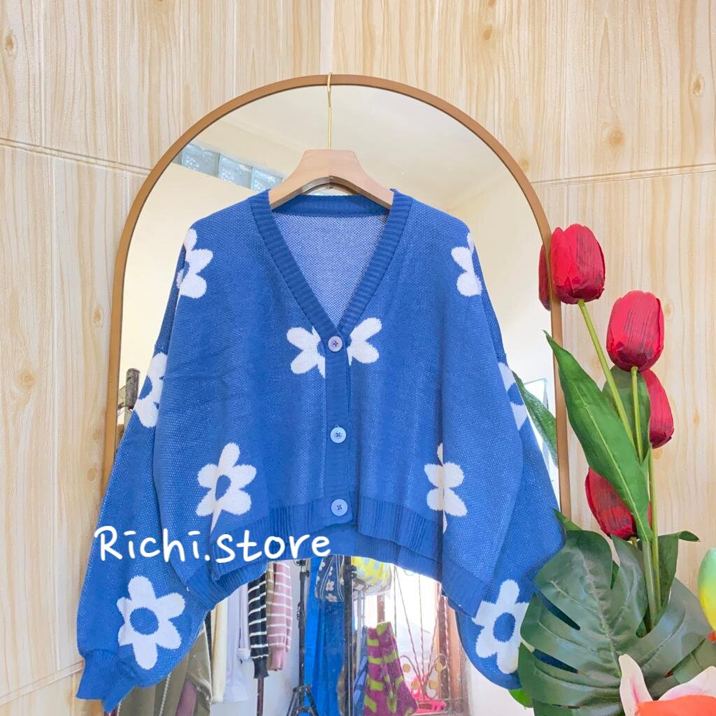 NADYA CROP CARDIGAN OVERSIZE RAJUT WANITA MOTIF BUNGA FULL KANCING