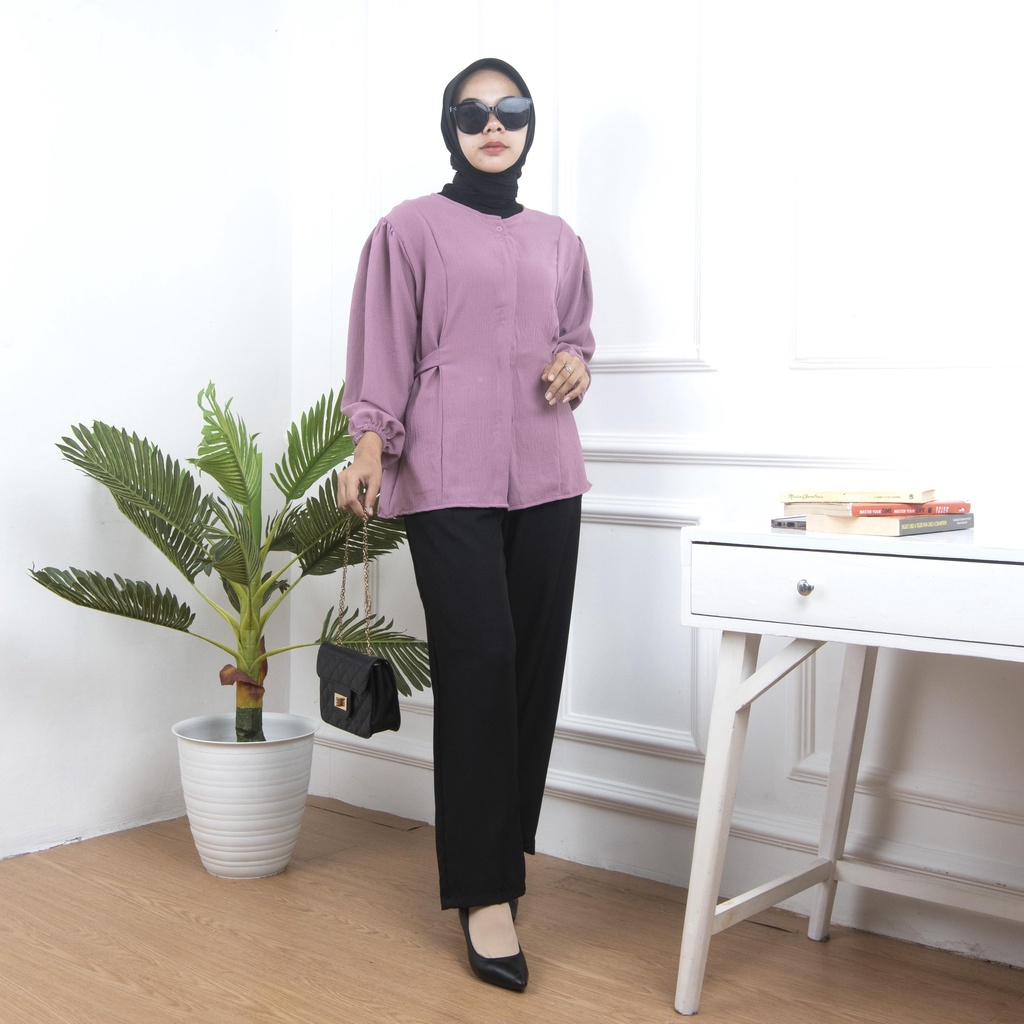 Blouse Kemeja Wenna / Atasan Wanita Crincle Airflow Lengan Balon Full Kancing