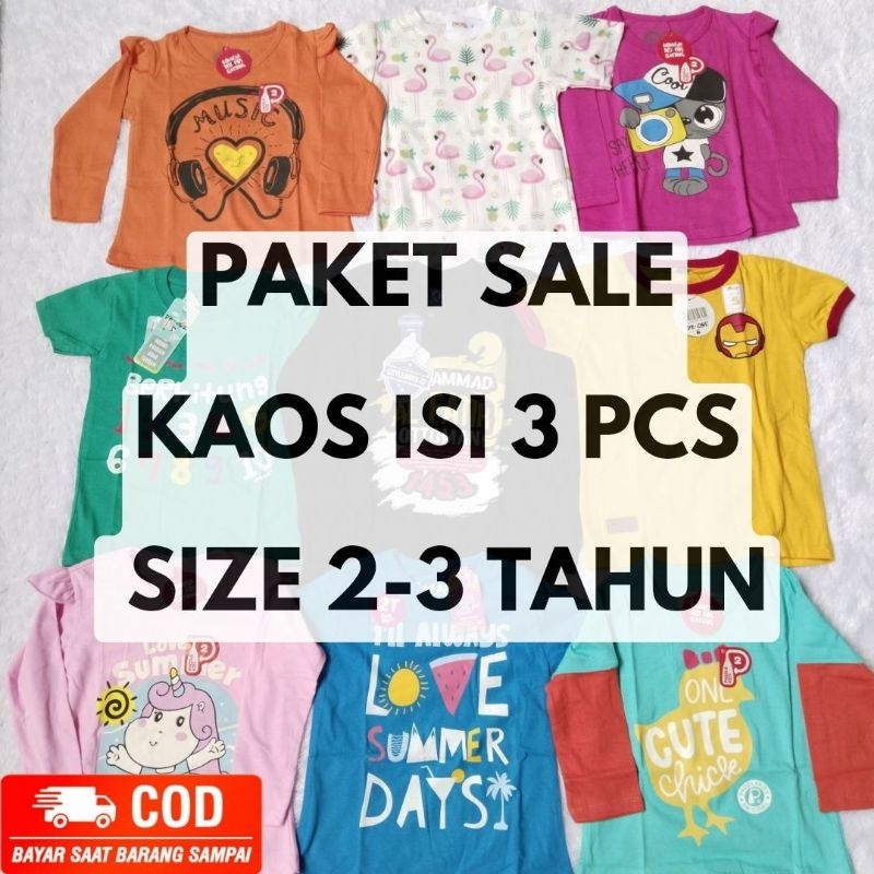 SALE DISKON PAKET HEMAT ISI 3PC KAOS UNISEX ANAK COWOK CEWEK USIA 2-3 TAHUN BAJU ATASAN HARIAN MURAH