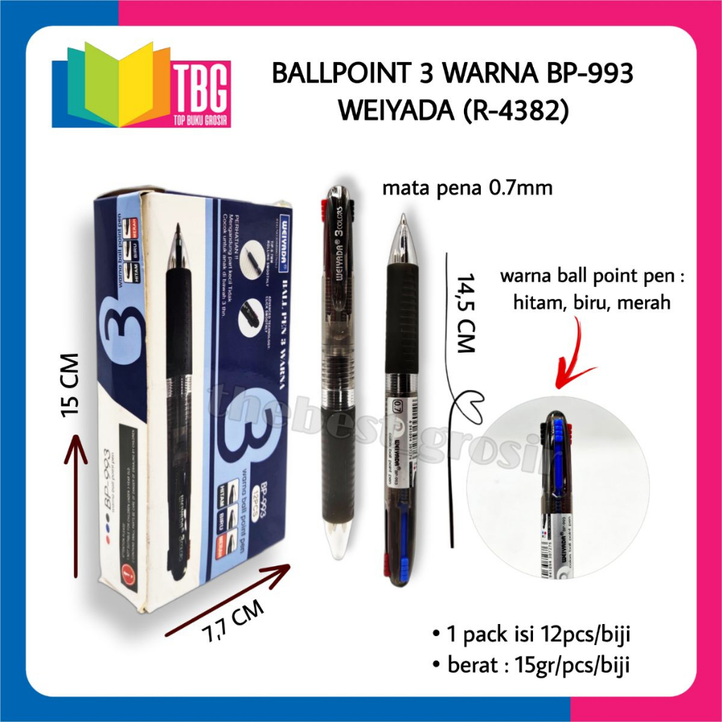 

1 PCS BOLPEN 3 WARNA BP-993 WEIYADA PULPEN BOLPOIN BALLPOINT WARNA WARNI (R-4382)