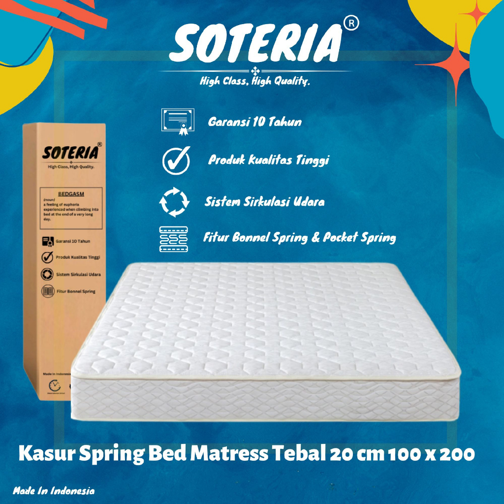 [Free Ongkir] Kasur Spring Bed Deluxe Luxury / Kasur Pegas Tebal / Cover 100% Polyester / Mattress In A Box / Nyaman &amp; Mudah Digunakan / 100 x 200 Tebal 20 cm Anti Pegal Anti Nyeri / Spring Bed Bonnel Spring Premium / Garansi Resmi 10 Tahun SOTERIA