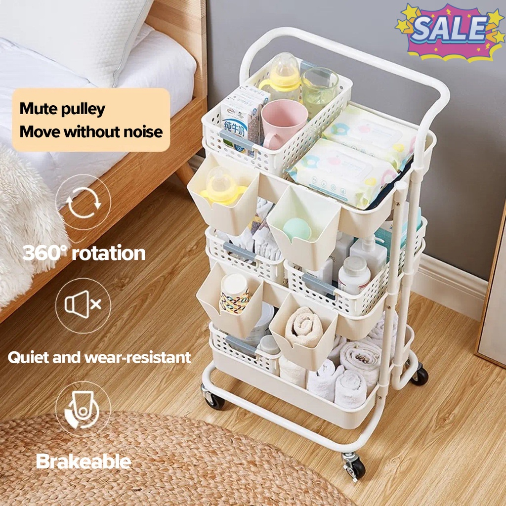 Rak Troli Keranjang Trolley Organizer Bayi Baru Lahir Organizer Dengan Keranjang Lebar 3-Tier Keranjang Utilitas Kamar Tidur