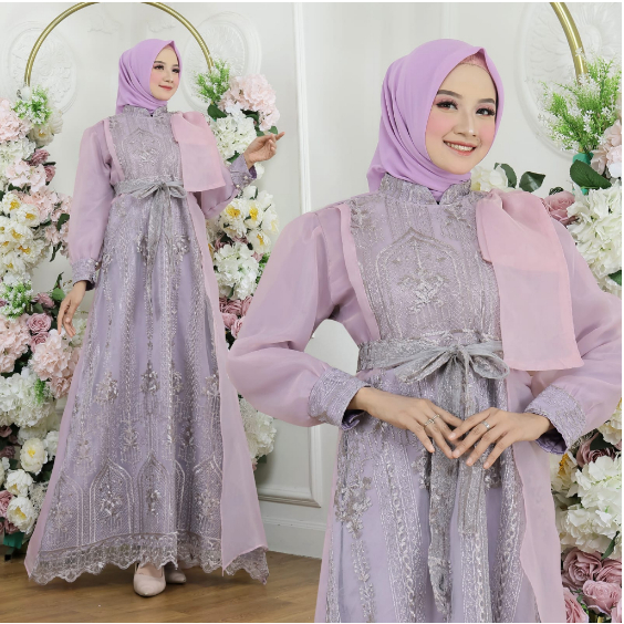 Maxi Melinda - Dress gamis wanita model terbaru 2023 bahan organza lapis velvet kombinasi brokat gau