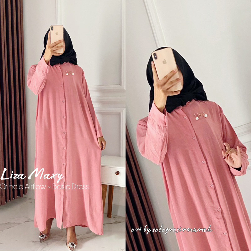 Liza Gamis Crincle Airflow Ld110/Gamis Full Kancing/Long Maxy Polos Crincle