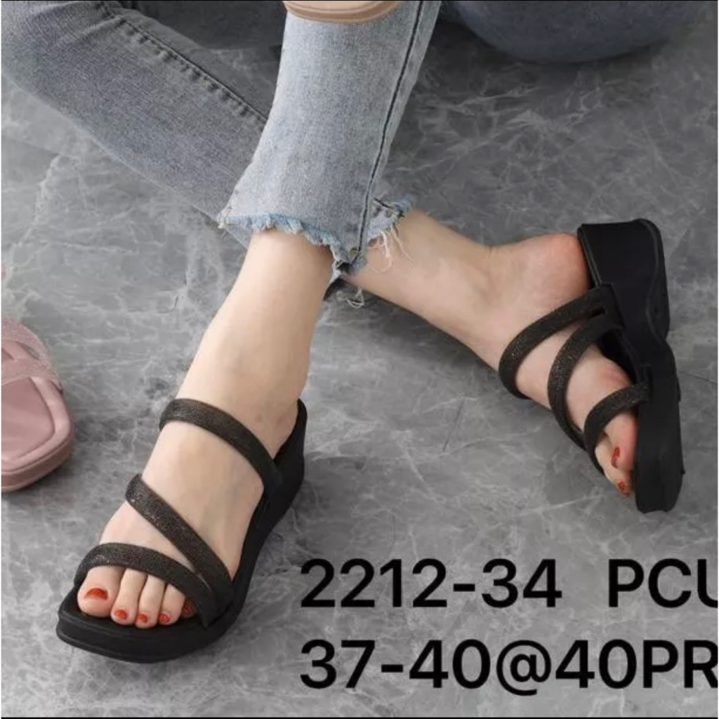 Sandal Selop Wanita Karet WEDGES BALANCE 2212-34 Motif Tali Silang Glitter Size 37-40