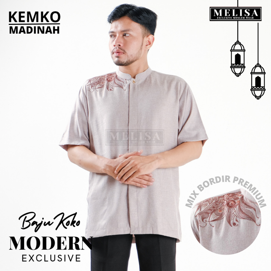 Baju Koko Pria Kemko Lengan Pendek Bahan Katun Madinah Size M L XL Motip Bordir Warna Coksu-B01