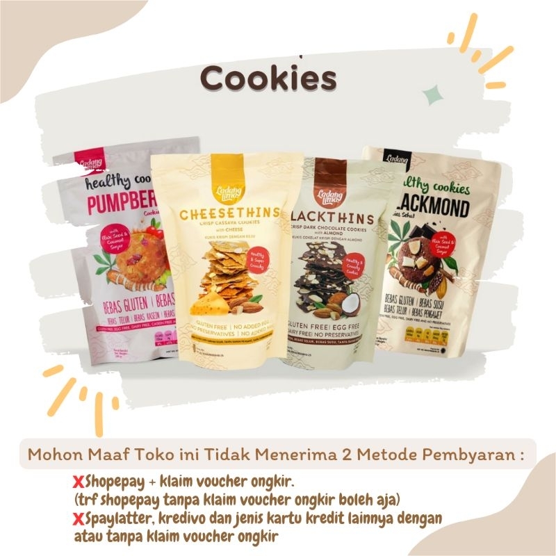 

Cookies Ladang Lima - Cemilan Sehat Gluten Free - Cookies Vegan Pumpberry, Cheesethins, Blackthins,Dan Blackmond