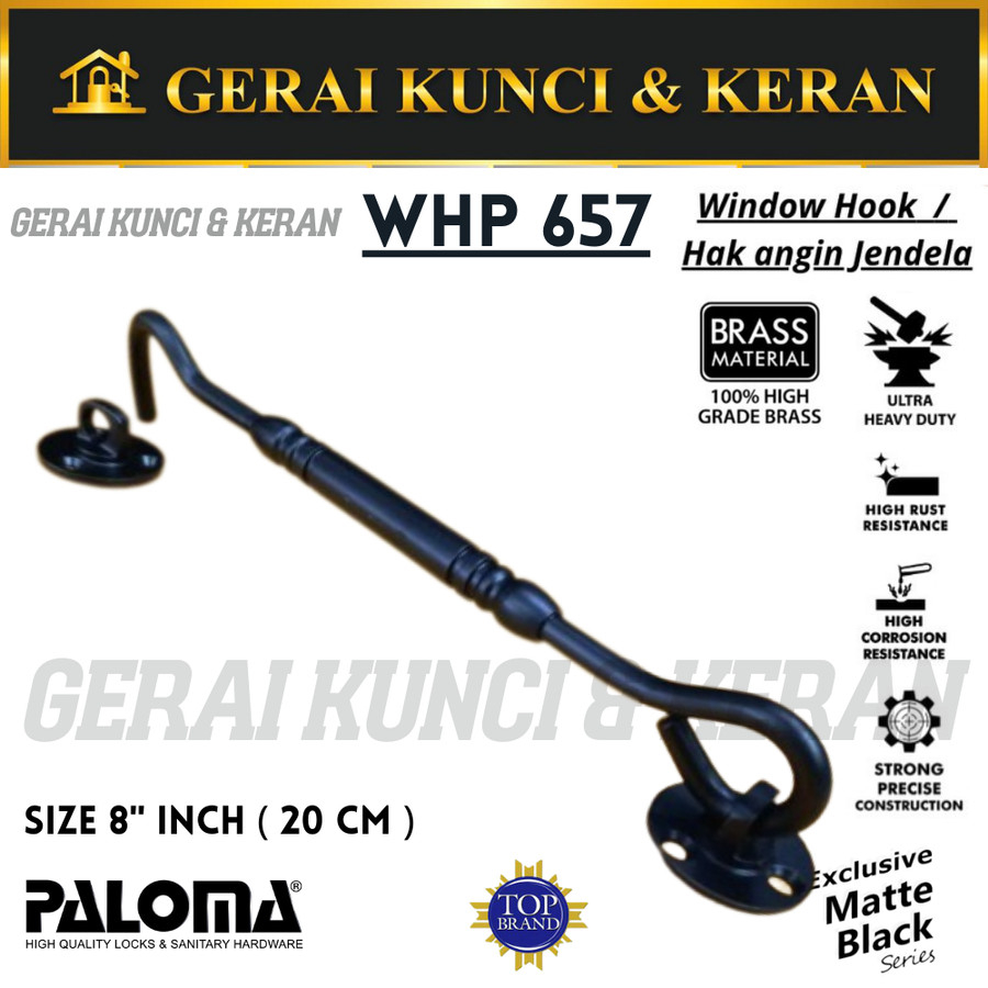 PALOMA WHP 657 BRASS 8&quot; ( 20CM ) HAK ANGIN PENAHAN JENDELA BLACK HITAM