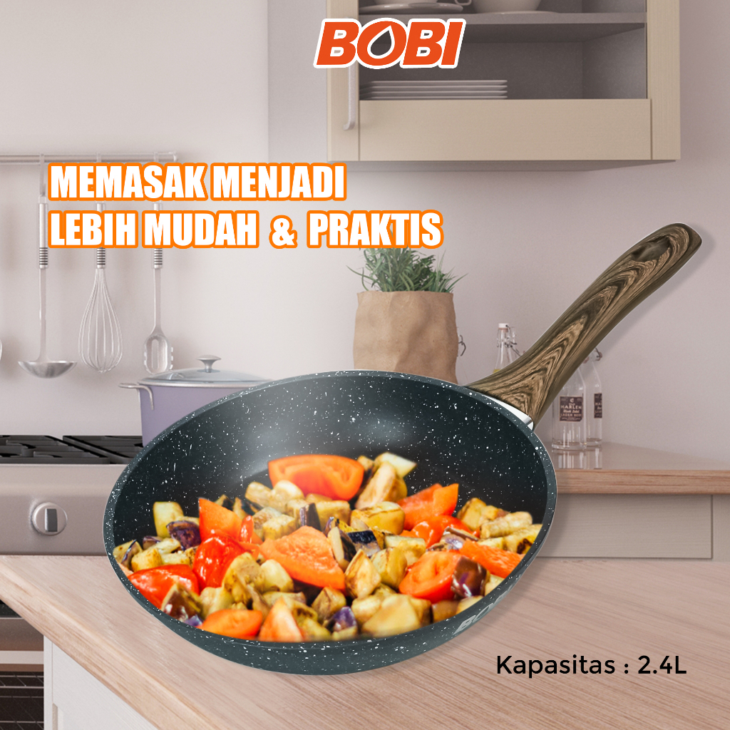 Frypan Cookware kode BB-F-24  atau Wajan Tebal 24cm Pegangan Kayu Anti Lengket / Frypan + Spatula (Warna Random)