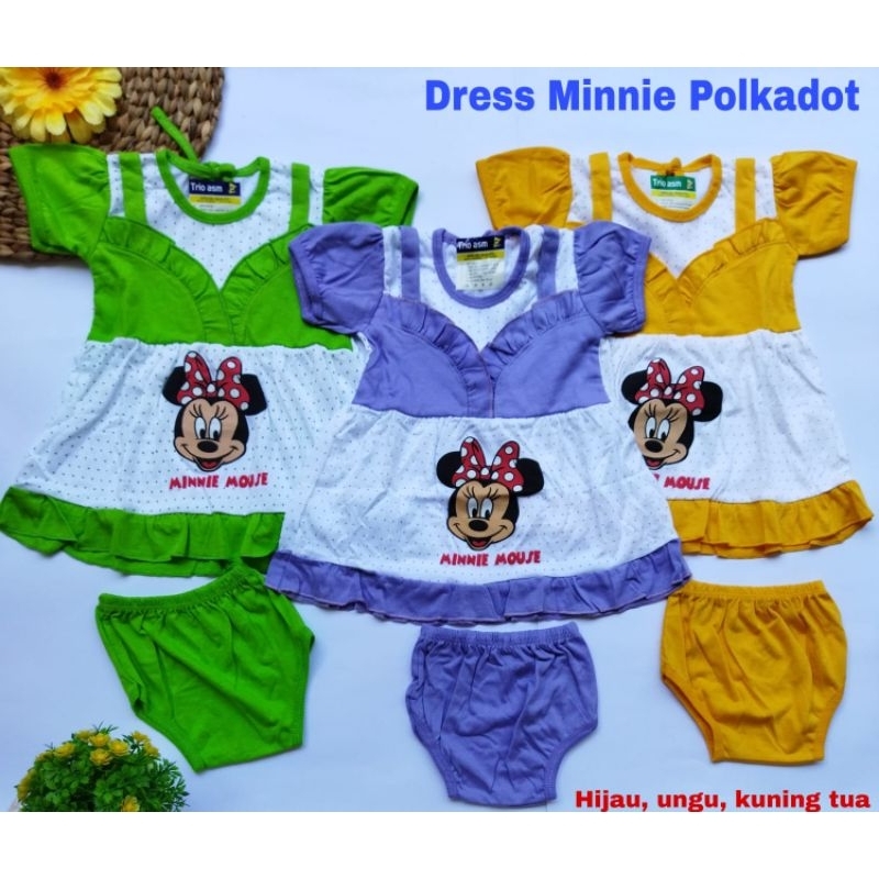 Dress Bayi Baju Bayi Free Celana Dalam Baju Bayi Perempuan Usia 2-14 Bulan Minnie Mouse polkadot dan