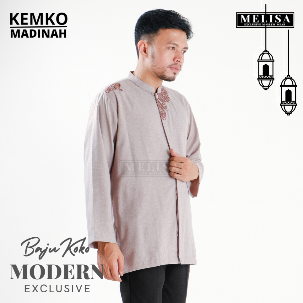 Baju Koko Pria Dewasa Katun Madinah Bordir Lengan Panjang Baju Muslim Remaja Laki Laki Ukuran M L XL - Coklat Susu