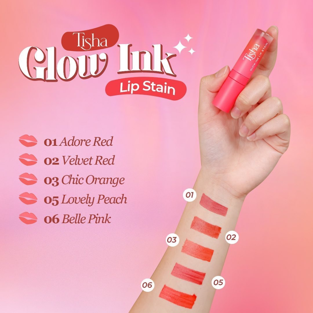 TISHA Glow - Ink Lip Stain Indonesia / 2.5ml / Triple Moisturizer Marula Oil Vitamin E / Transferproof Bare Lip Sentation Tahan Lama Natural / 01 Red 02 Velvet 03 Orange 05 Peach 06 Pink / Cosmetic Makeup Lips / Lipstick Lipstik Liptin Tin Devotion Cream