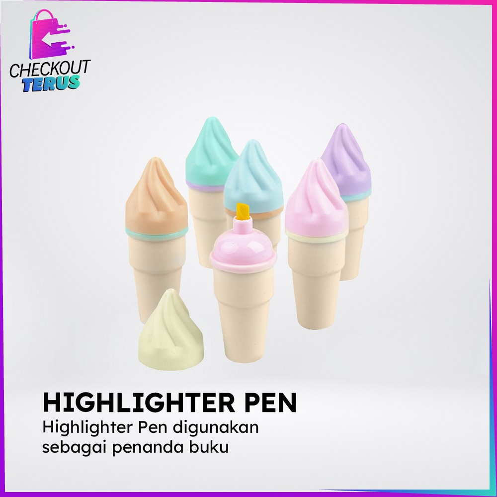 CT A57 Highlighter Pen Es Krim Cone Monas Unik 6IN1 Free Pouch Stationery Alat Tulis Kantor Penanda Berwarna Spidol Highlighter Ice Cream Cone